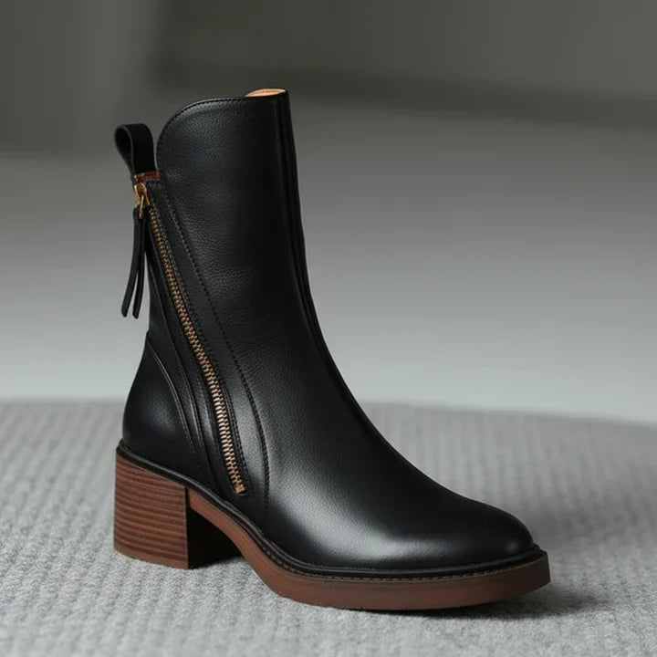 Valorine™ | Bota de piel negra con tacón cómodo, elegante y atemporal